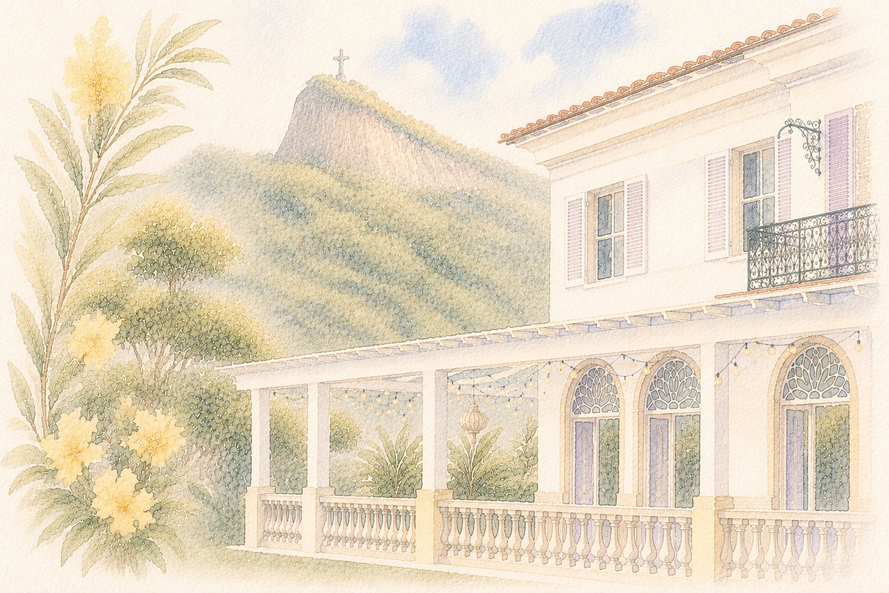 Ilustração em aquarela da varanda de um casarão no Rio de Janeiro, com ipês floridos e o Corcovado ao fundo