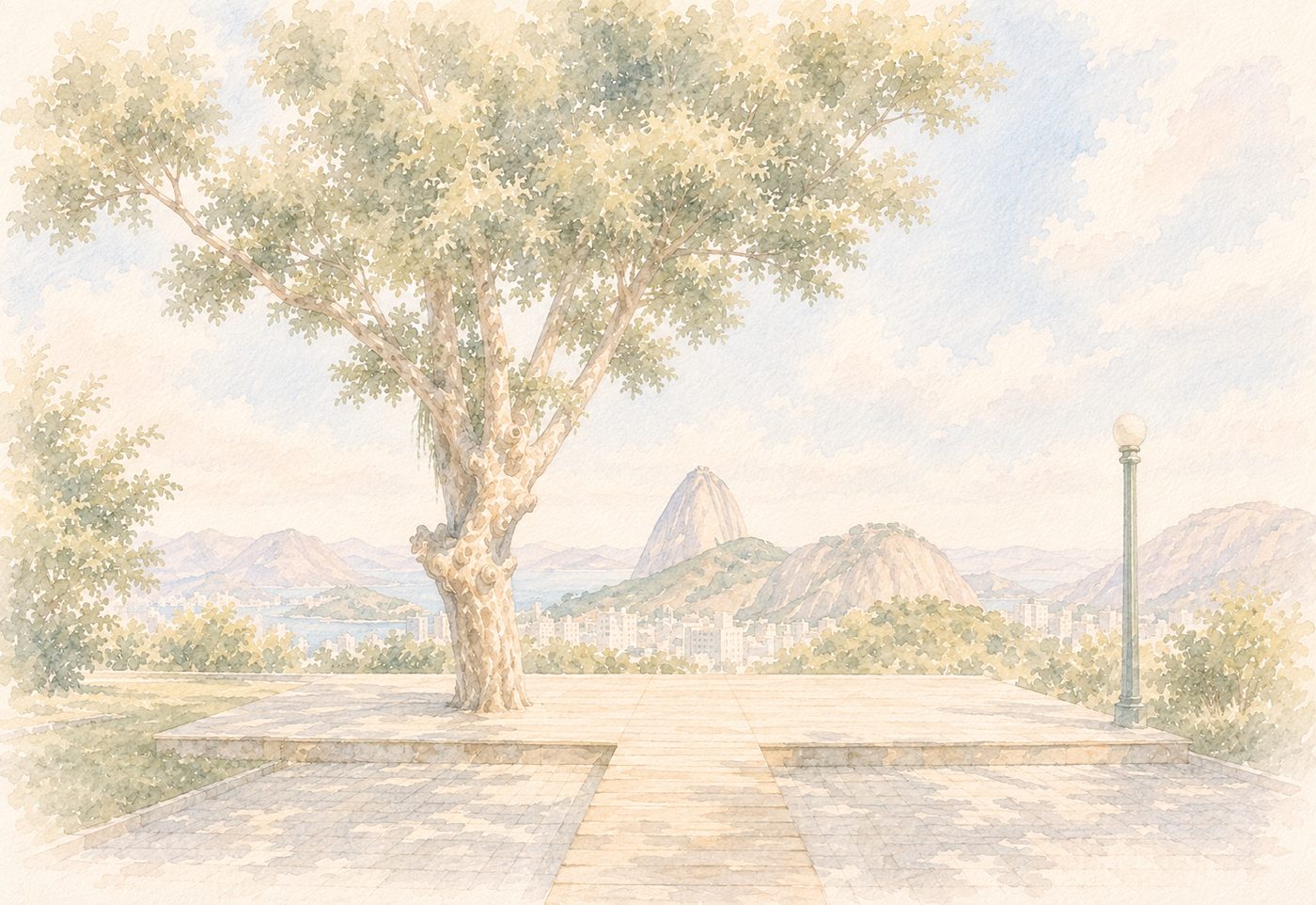Aquarela do Pão de Açúcar visto de um mirante arborizado no Rio de Janeiro